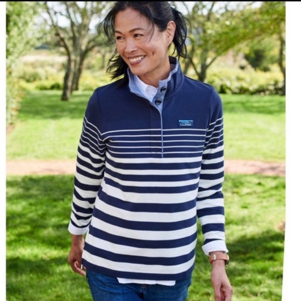 LL Bean Striped Henley Pullover Rugby Sweater